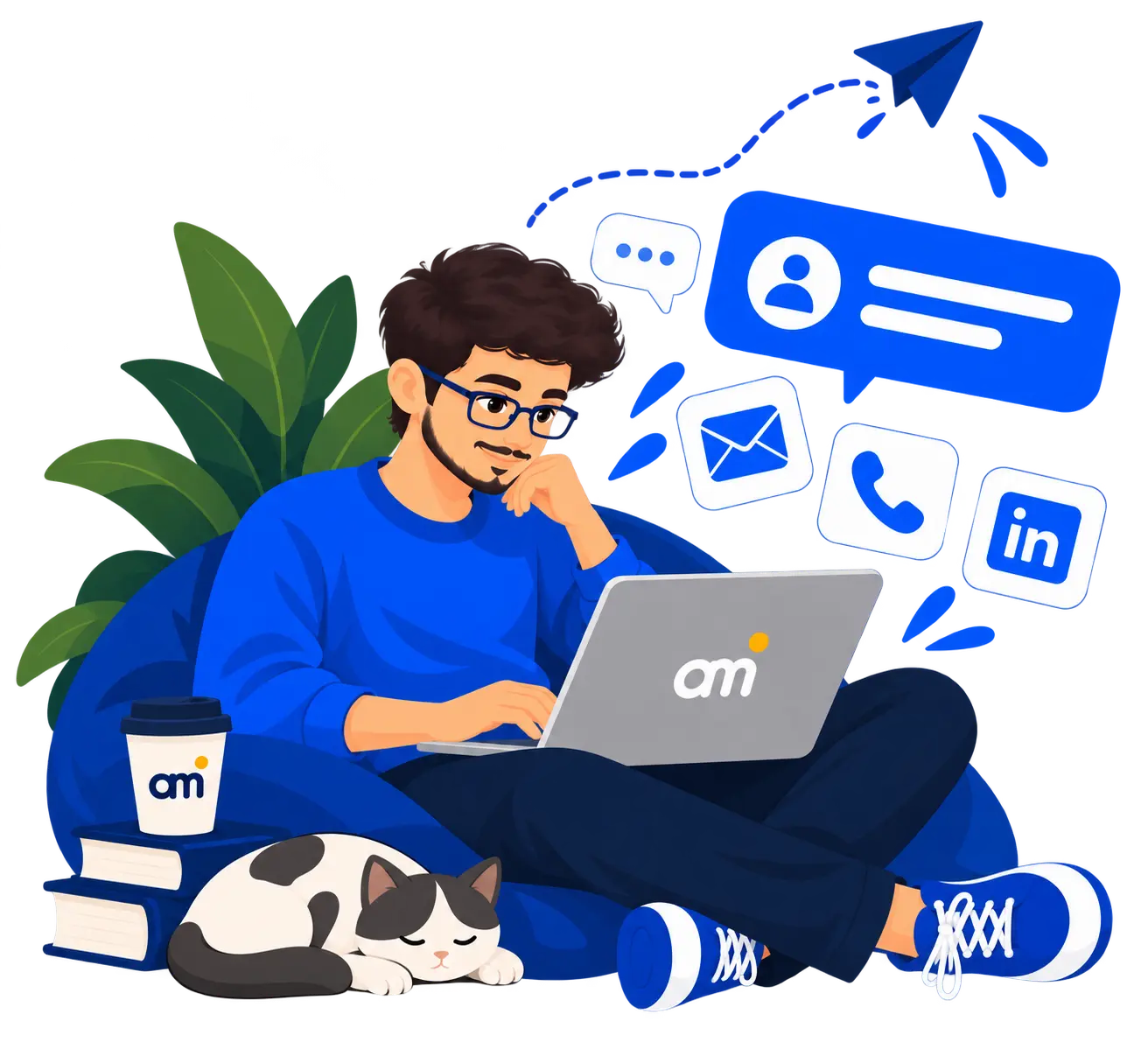 Illustration of Aditya on a beanbag with a laptop, a sleeping cat beside him, sending messages by email, phone and LinkedIn