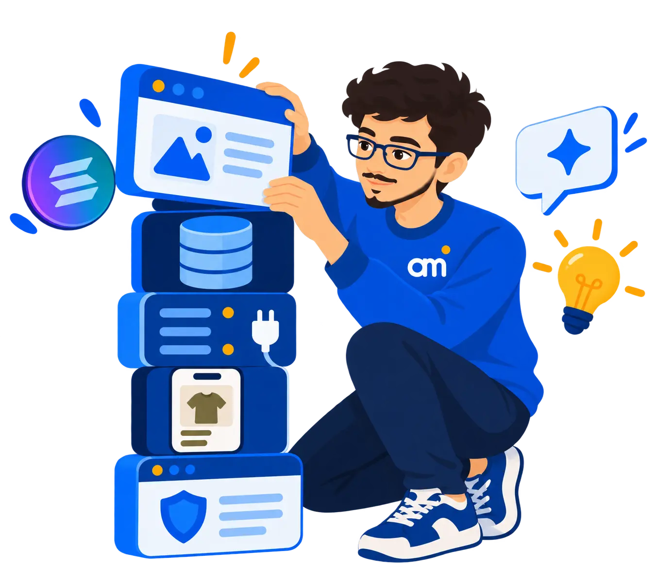 Illustration of Aditya stacking blocks (a browser window, database, server, phone app and privacy extension) into a product
