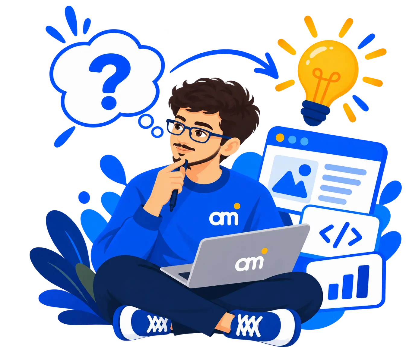 Illustration of Aditya sitting with a laptop, thinking: a question mark turns into a lightbulb idea and then a working app